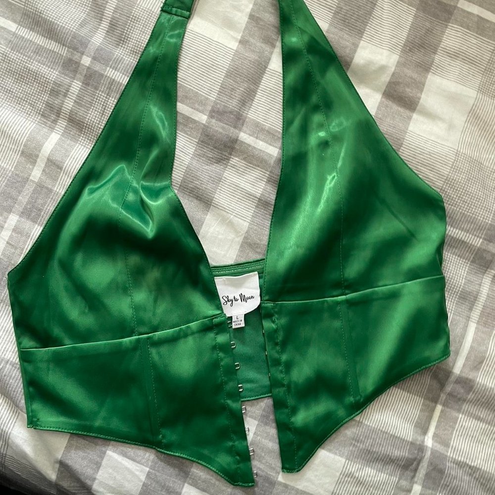 Green Hook and eye satin halter top
